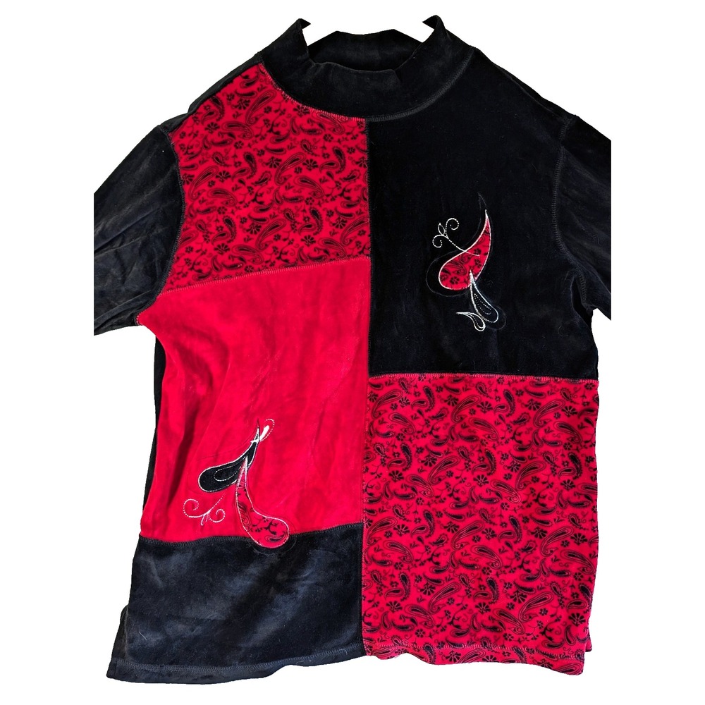 Erika Woman Velour Mock Neck Top Black Red Paisley Embroidered Colorblock Sz 1X